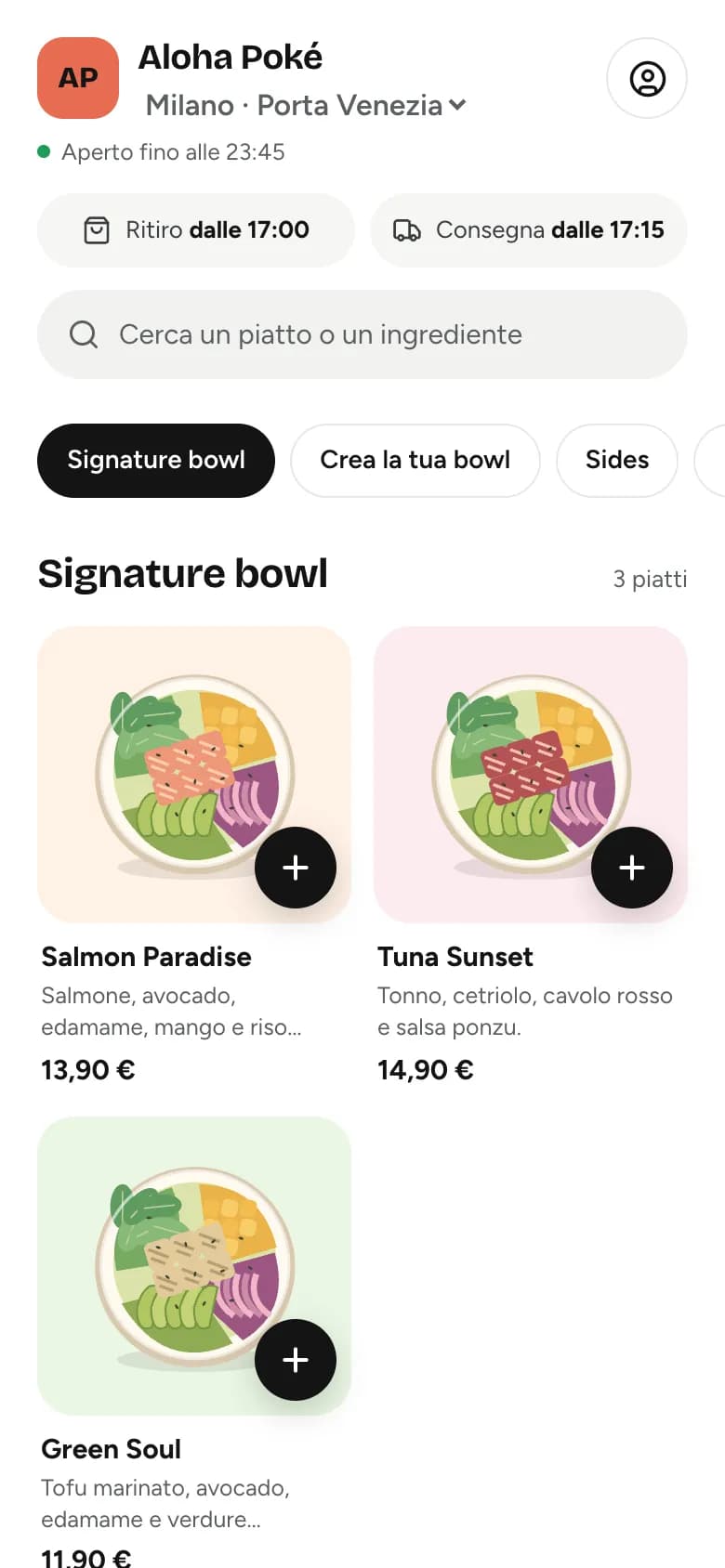 Il sito ordini di Aloha Poké su telefono: menu, categorie e bowl